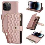 For iPhone 14 Pro Max YM016 Rhombic Zipper Card Wallet Leather Phone Case with Lanyard(Rose Gold)