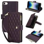 For iPhone SE 2022 / SE 2020 / 8 YM016 Rhombic Zipper Card Wallet Leather Phone Case with Lanyard(Dark Purple)