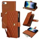 For iPhone SE 2022 / SE 2020 / 8 YM016 Rhombic Zipper Card Wallet Leather Phone Case with Lanyard(Brown)