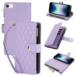 For iPhone SE 2022 / SE 2020 / 8 YM016 Rhombic Zipper Card Wallet Leather Phone Case with Lanyard(Light Purple)
