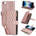 For iPhone SE 2022 / SE 2020 / 8 YM016 Rhombic Zipper Card Wallet Leather Phone Case with Lanyard(Rose Gold)