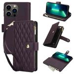 For iPhone 13 Pro Max YM016 Rhombic Zipper Card Wallet Leather Phone Case with Lanyard(Dark Purple)