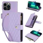 For iPhone 13 Pro Max YM016 Rhombic Zipper Card Wallet Leather Phone Case with Lanyard(Light Purple)