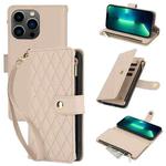 For iPhone 13 Pro Max YM016 Rhombic Zipper Card Wallet Leather Phone Case with Lanyard(Apricot)