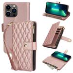 For iPhone 13 Pro Max YM016 Rhombic Zipper Card Wallet Leather Phone Case with Lanyard(Rose Gold)