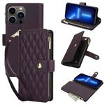 For iPhone 13 Pro YM016 Rhombic Zipper Card Wallet Leather Phone Case with Lanyard(Dark Purple)