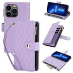 For iPhone 13 Pro YM016 Rhombic Zipper Card Wallet Leather Phone Case with Lanyard(Light Purple)