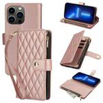For iPhone 13 Pro YM016 Rhombic Zipper Card Wallet Leather Phone Case with Lanyard(Rose Gold)