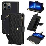 For iPhone 13 Pro YM016 Rhombic Zipper Card Wallet Leather Phone Case with Lanyard(Black)