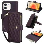 For iPhone 12 / 12 Pro YM016 Rhombic Zipper Card Wallet Leather Phone Case with Lanyard(Dark Purple)