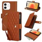 For iPhone 12 / 12 Pro YM016 Rhombic Zipper Card Wallet Leather Phone Case with Lanyard(Brown)