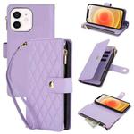 For iPhone 12 / 12 Pro YM016 Rhombic Zipper Card Wallet Leather Phone Case with Lanyard(Light Purple)