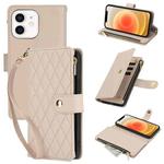 For iPhone 12 / 12 Pro YM016 Rhombic Zipper Card Wallet Leather Phone Case with Lanyard(Apricot)