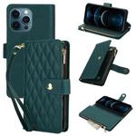 For iPhone 12 Pro Max YM016 Rhombic Zipper Card Wallet Leather Phone Case with Lanyard(Green)
