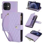 For iPhone 12 mini YM016 Rhombic Zipper Card Wallet Leather Phone Case with Lanyard(Light Purple)