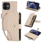 For iPhone 12 mini YM016 Rhombic Zipper Card Wallet Leather Phone Case with Lanyard(Apricot)