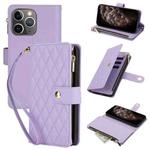 For iPhone 11 Pro Max YM016 Rhombic Zipper Card Wallet Leather Phone Case with Lanyard(Light Purple)