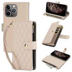 For iPhone 11 Pro Max YM016 Rhombic Zipper Card Wallet Leather Phone Case with Lanyard(Apricot)