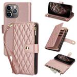 For iPhone 11 Pro Max YM016 Rhombic Zipper Card Wallet Leather Phone Case with Lanyard(Rose Gold)