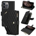 For iPhone 11 Pro Max YM016 Rhombic Zipper Card Wallet Leather Phone Case with Lanyard(Black)