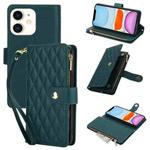 For iPhone 11 YM016 Rhombic Zipper Card Wallet Leather Phone Case with Lanyard(Green)