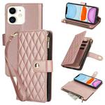For iPhone 11 YM016 Rhombic Zipper Card Wallet Leather Phone Case with Lanyard(Rose Gold)