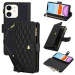 For iPhone 11 YM016 Rhombic Zipper Card Wallet Leather Phone Case with Lanyard(Black)