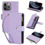 For iPhone 11 Pro YM016 Rhombic Zipper Card Wallet Leather Phone Case with Lanyard(Light Purple)