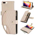 For iPhone 8 Plus / 7 Plus YM016 Rhombic Zipper Card Wallet Leather Phone Case with Lanyard(Apricot)