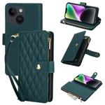 For iPhone 14 Plus YM016 Rhombic Zipper Card Wallet Leather Phone Case with Lanyard(Green)