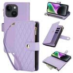 For iPhone 13 YM016 Rhombic Zipper Card Wallet Leather Phone Case with Lanyard(Light Purple)