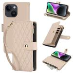 For iPhone 13 YM016 Rhombic Zipper Card Wallet Leather Phone Case with Lanyard(Apricot)