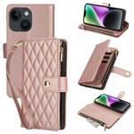 For iPhone 13 YM016 Rhombic Zipper Card Wallet Leather Phone Case with Lanyard(Rose Gold)