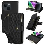 For iPhone 13 YM016 Rhombic Zipper Card Wallet Leather Phone Case with Lanyard(Black)