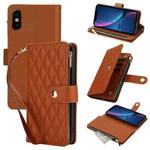 For iPhone X / XS YM016 Rhombic Zipper Card Wallet Leather Phone Case with Lanyard(Brown)