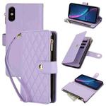 For iPhone X / XS YM016 Rhombic Zipper Card Wallet Leather Phone Case with Lanyard(Light Purple)
