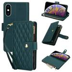 For iPhone XS Max YM016 Rhombic Zipper Card Wallet Leather Phone Case with Lanyard(Green)