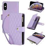 For iPhone XS Max YM016 Rhombic Zipper Card Wallet Leather Phone Case with Lanyard(Light Purple)