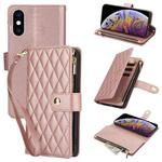 For iPhone XS Max YM016 Rhombic Zipper Card Wallet Leather Phone Case with Lanyard(Rose Gold)