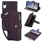 For iPhone XR YM016 Rhombic Zipper Card Wallet Leather Phone Case with Lanyard(Dark Purple)