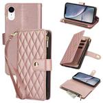 For iPhone XR YM016 Rhombic Zipper Card Wallet Leather Phone Case with Lanyard(Rose Gold)