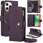 For iPhone 16 Pro Max YM016 Rhombic Zipper Card Wallet Leather Phone Case with Lanyard(Dark Purple)