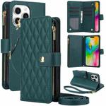 For iPhone 16 Pro Max YM016 Rhombic Zipper Card Wallet Leather Phone Case with Lanyard(Green)