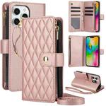 For iPhone 16 Pro Max YM016 Rhombic Zipper Card Wallet Leather Phone Case with Lanyard(Rose Gold)