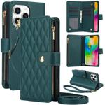For iPhone 16 Pro YM016 Rhombic Zipper Card Wallet Leather Phone Case with Lanyard(Green)