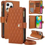 For iPhone 16 Pro YM016 Rhombic Zipper Card Wallet Leather Phone Case with Lanyard(Brown)