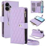For iPhone 16 Plus YM016 Rhombic Zipper Card Wallet Leather Phone Case with Lanyard(Light Purple)