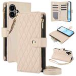For iPhone 16 Plus YM016 Rhombic Zipper Card Wallet Leather Phone Case with Lanyard(Apricot)