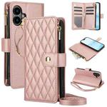 For iPhone 16 YM016 Rhombic Zipper Card Wallet Leather Phone Case with Lanyard(Rose Gold)