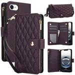 For iPhone 16e YM016 Rhombic Zipper Card Wallet Leather Phone Case with Lanyard(Dark Purple)